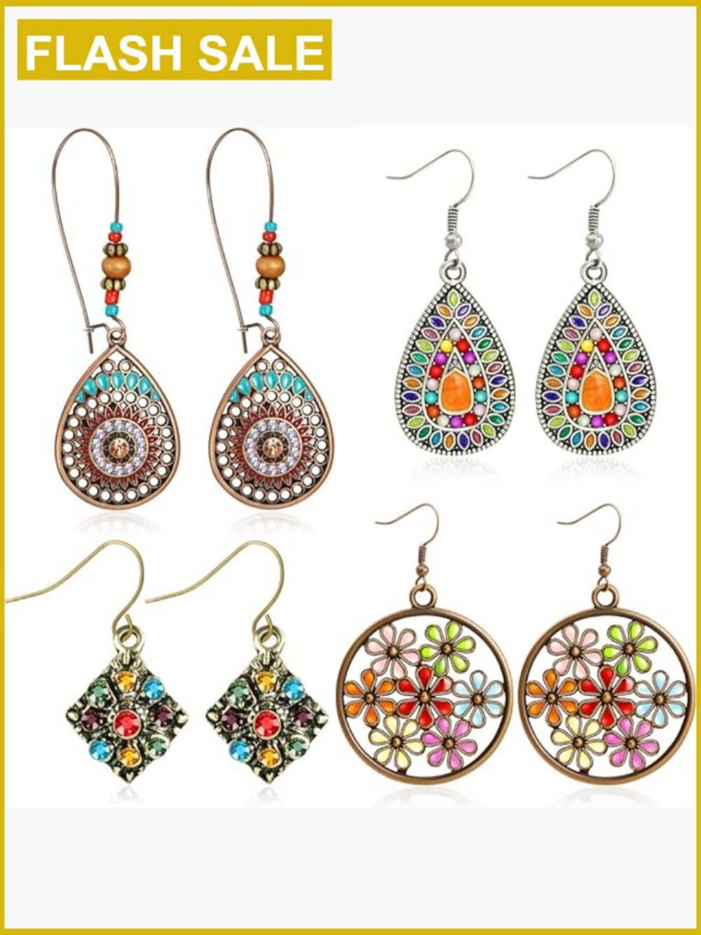 4 Pairs Bohemian Vintage Dangle Earrings Rhinestone Drop Jewelry